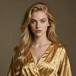 realistic portrait of a mysterious woman made of gold in silky clothes with long golden hair, detailed, 1 4 5 0, delicate, hyper realism, ultra realistic, 8 k