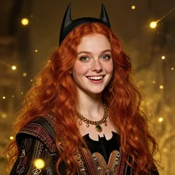 a totally amazed smiling pretty batman surrounded by golden firefly lights in a mesmerizing scene, fully covering intricate detailed bohemian outfit, long loose red hair, precise linework, accurate green eyes, small nose with freckles, beautiful smooth oval head, expressive emotions, hyper realistic ultrafine portrait by artemisia gentileschi, jessica rossier, greg rutkowski, artgerm