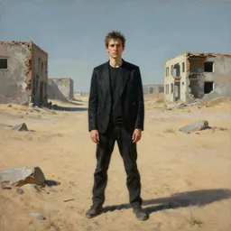 beautiful portrait of anthony fantano, theneedledrop, standing in desolate empty brutalist ruins desert wasteland, close to the camera, painted by zdzislaw beksinski