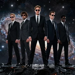 men in black standing at the edge of the galaxy, cinematic, photoshopped, high details