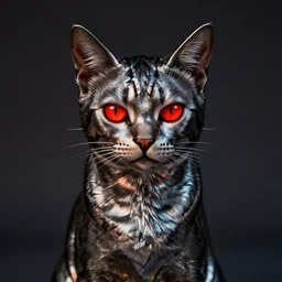 metallic cat with red glowing eyes, dramatic lighting, studio photo, 4k, photorealistic, film grain, inspired by the terminator, manga style, anime