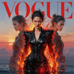 3 d, angry fashion model, flame, liquid black and red water, sunrise, vogue cover style, poster art, high detail, intricate oil painting, multiple exposure, heaven mood, hyperrealism, 3 d, by tooth wu and wlop and beeple and greg rutkowski