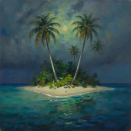 tropical island, oil on canvas, very beautiful masterpiece by a very talented artist, award-winning, mysterious, dreamy, poetic, nostalgic