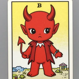 cute red chibi demon, anime style character drawn on a vintage tarot card from 1982 with grain and halftones