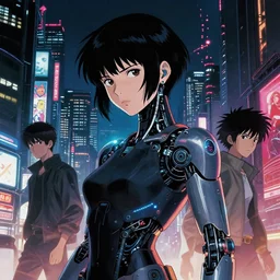 candid photo of a japanese cyberpunk cyborg girl in future tokyo, finely detailed features, cyborg robot parts with glowing lights!, dramatic cinematic, night, at cyberpunk city, ghost in the shell, akira, odeo, cinematic lighting, in danger, noir, trending on pixiv fanbox, afrofuturism, araki, painted by greg rutkowski makoto shinkai takashi takeuchi craig mullins, alphonse mucha, studio ghibli, pixiv