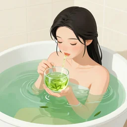 woman bathing in green tea, trending on artstation