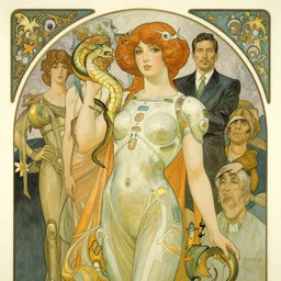 an art nouveau illustration of a futuristic girl holding a snake by victo ngai, kilian eng, john berkey and norman rockwell