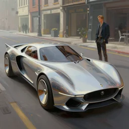 street scene, retro futuristic car, metallic, beautiful curves, sharp edges, low profile tires, detailed chrome trim, jodhpurs greg manchess painting by sargent and leyendecker, cyberpunk 2 0 7 7 concept intricate elegant illustration forza, by greg rutkowski by greg tocchini by james gilleard