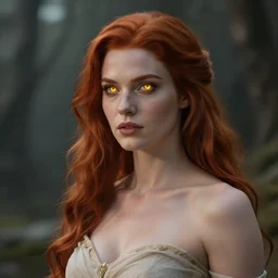 beautiful female sorceress, dungeons and Dragons, red hair, glowing eyes, realistic