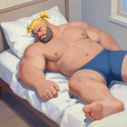 greg manchess portrait of thick muscular weightlifter zarya from overwatch with ponytail and blond hair sleeping on bed, medium shot, asymmetrical, profile picture, organic painting, sunny day, matte painting, bold shapes, hard edges, street art, trending on artstation, by huang guangjian and gil elvgren and sachin teng