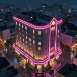 a beautiful artwork of a hotel at night, top view, neon and rainy theme atmosphere by Jerome Opeña, featured on artstation
