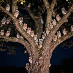 realistic photo of too many small psychedelic owls sitting on big tree at night, very sharp focus, dark background, in the style of greg rutsowski, very hyper realistic, highly detailed, fantasy art station