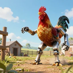 giant robotic chicken attacking farm