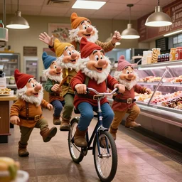 seven dwarfs riding an unicycle while singing bohemian rapsody in a butcher shop on todd phillips style, golden rule, creative image