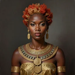 a professionally painted african female model , grace jones, clothed in ancient, dark skin, red gold hair, beautiful bone structure, symmetrical facial features, stunningly beautiful, intricate, elegant, digital painting, smooth, sharp focus, illustration, made by Kehinde Wiley, Kara Walker, Jacob Lawrence, Sam Gilliam, Edmonia Lewis