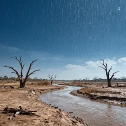 panorama of big raindrops flying upwards into the blue sky from a dried up river in a desolate land, dead trees, blue sky, hot and sunny highly-detailed, elegant, dramatic lighting, artstation, 4k, cinematic landscape, photograph by Elisabeth Gadd