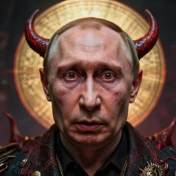 shocked face of putin demon,, hell hyper - realistic, sharp focus, depth of field, hyper - detailed visionary art, symmetric, hell, holy halo, dramatic ambient lighting, high detail, vibrant colors, the thing 1 9 8 2