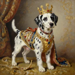the royal king's dalmatian by greg hildebrant lisa frank fancy rococo baroque regal canine dog puppy oil painting high quality award winning clothed in fancy garb