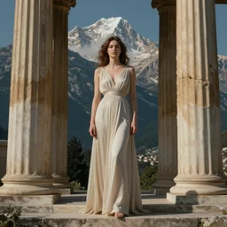full body portrait standing against a thomas cole naturalist style backdrop of mount olympus with enormous columns on either side