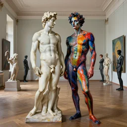 portrait of two morphed harlequins in a large room by michelangelo and bernini and james jean and luc tuymans and vincent lefevre and hernan bas and pat steir and hilma af klint, digital paint, glitch, psychological, dripping paint, 8 k high quality render, altermodern, masterpiece