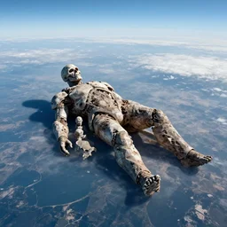 high altitude view, there is a dead super giant lying on the earths. wayne barlowe.