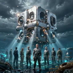 realistic photograph of in the deep sea, a huge future metal cube building is shining ， volumetric lighting, god's ray, soviet, detailed characters, summer, dark overcast weather, high detailed, smooth, mark arian, award winning, highly detailed 4 k art by beeple and fvckrender and visualdon, trending on cgsociety