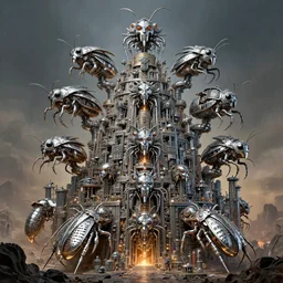 airbrush of 4 character, tiered flayed chrome insect mayan god machines, cluster tiered heirarchy, battle chaos, mainframe hydrocracking battles, medical chromed, dystopian, by wayne d barlowe, h r giger, simon bisley, boris vallejo, enric torres, hyper realism, narrative light, octane colors, epic, hyper detailed, awe inspiring, award winning