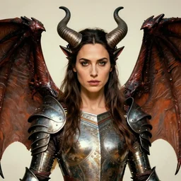 head and shoulders portrait of an armored erinyes devil with huge bat wings, portrayed by gal gadot, d & d, fantasy, luis royo, magali villeneuve, donato giancola, wlop, krenz cushart, hans zatka, klimt, alphonse mucha