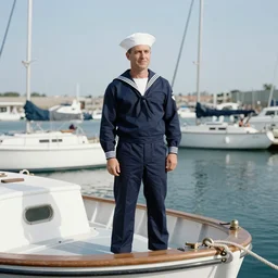 navy sailor standing on boat in marina with other boats behind her, 1 9 4 5