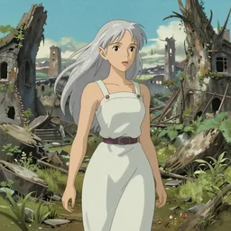Portrait of a silver-haired elf woman strolling through the remains of a city reclaimed by nature, fantasy, surreal, Ilya Kuvshinov face, highly detailed, cel shading, digital painting, anime key visual, artwork by Hayao Miyazaki and Alphonse Mucha