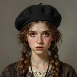 portrait of an elegantly dressed hipster girl, extremely dark circles around eyes, irritated expression, bohemian fashion, wearing a beret, artsy, intricate, elegant, highly detailed, digital painting, artstation, concept art, smooth, sharp focus, illustration, art by artgerm and greg rutkowski and alphonse mucha