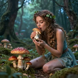 A fairy eating mushrooms in a magical forest hyperrealism