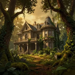 a tumbledown victorian mansion half hidden in the mossy forest, oak trees, tangled ivy, spiderwick, dynamic angle, atmospheric golden light, cinematic landscape, uncharted game vibes, one pixel brush, art by brian froud, eytan zana, greg rutkowski, 8 k render