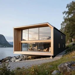 modern norwegian fjord beach house designed by norman foster, contemporary architecture, photography