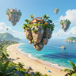 3 d render of many small floating islands in the sky overlooking a beautiful beach, octane render, unreal engine, vivid colours, trending on art station