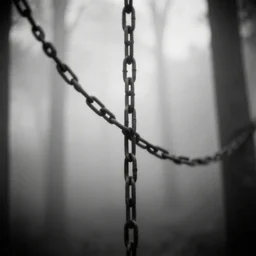 chains on trees in the misty wood, pale light, pinhole camera effect, lomography effect, analogue photo quality, monochrome, blur, unfocus