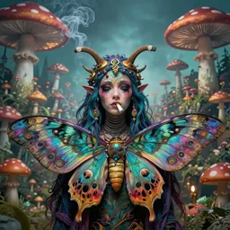 A centered chest up portrait of a psychedelic godlike mothman smoking a hand-rolled cigarette smoking heavily , magic mushroom village in background , award winning. superb resolution. in the art style of junji Ito and greg rutkowski . Detailed Mushroom city in background. Hyper realistic anime. Perfect art. Dalle2