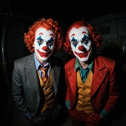 cctv fisheye lens 35mm picture of two clowns dressed in suits looking at the camera menacingly, dramatic lighting, low res