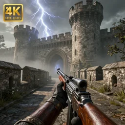 first person point of view of a gunner in a medieval castle, cinematic lightning, ray tracing, unreal engine 5, photorealistic, 8 k, uhd, 4 k, call of duty game concept, extremely detailed, beautiful, elegant, intricate, foggy, in - game footage