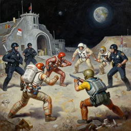 detailed oil painting of space gangstas fighting over territory, and the police are too busy with other things to pay attention to them by alan bean