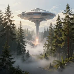 masterpiece eternal ethereal pine forest surrounding a futuristic spaceship launchpad, sci - fi, sunrise, white sky, dramatic light, mist, hdr, digital painting, artstation, steve belledin, peter gric, wadim kasin