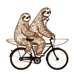 a couple of sloths riding a bike with a surfboard, a woodcut by tim biskup, behance contest winner, folk art, woodcut, egyptian art, picasso