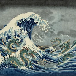 A sea of dragons by Utagawa Kuniyoshi, ukiyo-e, nightmare ocean storm