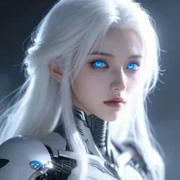 detailed portrait of perfect white haired girl, android, warframe armor, beautiful, dreamy, pretty face, blue cyborg eyes, bright light, scifi, 4 k, high definition, sun yunjoo, ultra realistic, aura of light, cinematic, extreme details, sharp focus, masterpiece, art by akihito tsukushi