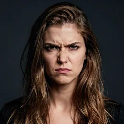 portrait of chloe, angry look, dark background, studio light, hdr, nikon 2 4 mm f / 1. 8 g, by sebastiao salgado