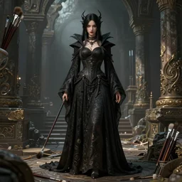 traditional brushes strokes, costume design from luxury house designers, sophisticated composition, old masters light composition, procedurally generated, necromancer mage girl character posing for concept art, ancient ruins behind her, substance designer, PBR, HD, Ultra detailed, hyperrealistic, megascans, volumetric light, concept by master artist, made in paint tool SAI2, trending pixiv face