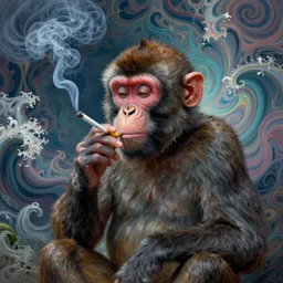 ( monkey smoking a cigarette ) ( ( ( hyper detailed masterpiece, psychedelic fractal pattern, jean giraud, digital art painting, dream wave aesthetic, ethereal, artgerm, donato giancola, tom bagshaw ) ) )