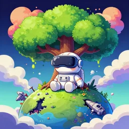 a beautiful 8 bit painting of a tree of life, cute adorable kawaii futuristic vr plastic android astronaut sitting on a lush planet of foliage, the destroyed wreckage of a crashed spaceship, steam, thick colorful smoke, ross tran, ron walotsky, greg rutkowski, trending on artstation
