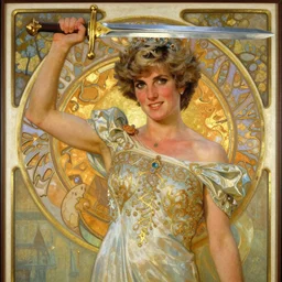 a beautiful painting of Princess Diana holding a greatsword above her head, fantasy, art nouveau, golden hour, artstation