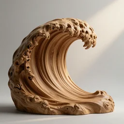 a wood sculpture in the shape and texture of waves, deep and expressive grain patterns, volumetric lighting, light rays, photorealistic, ultrarealistic, coronarender, 8k